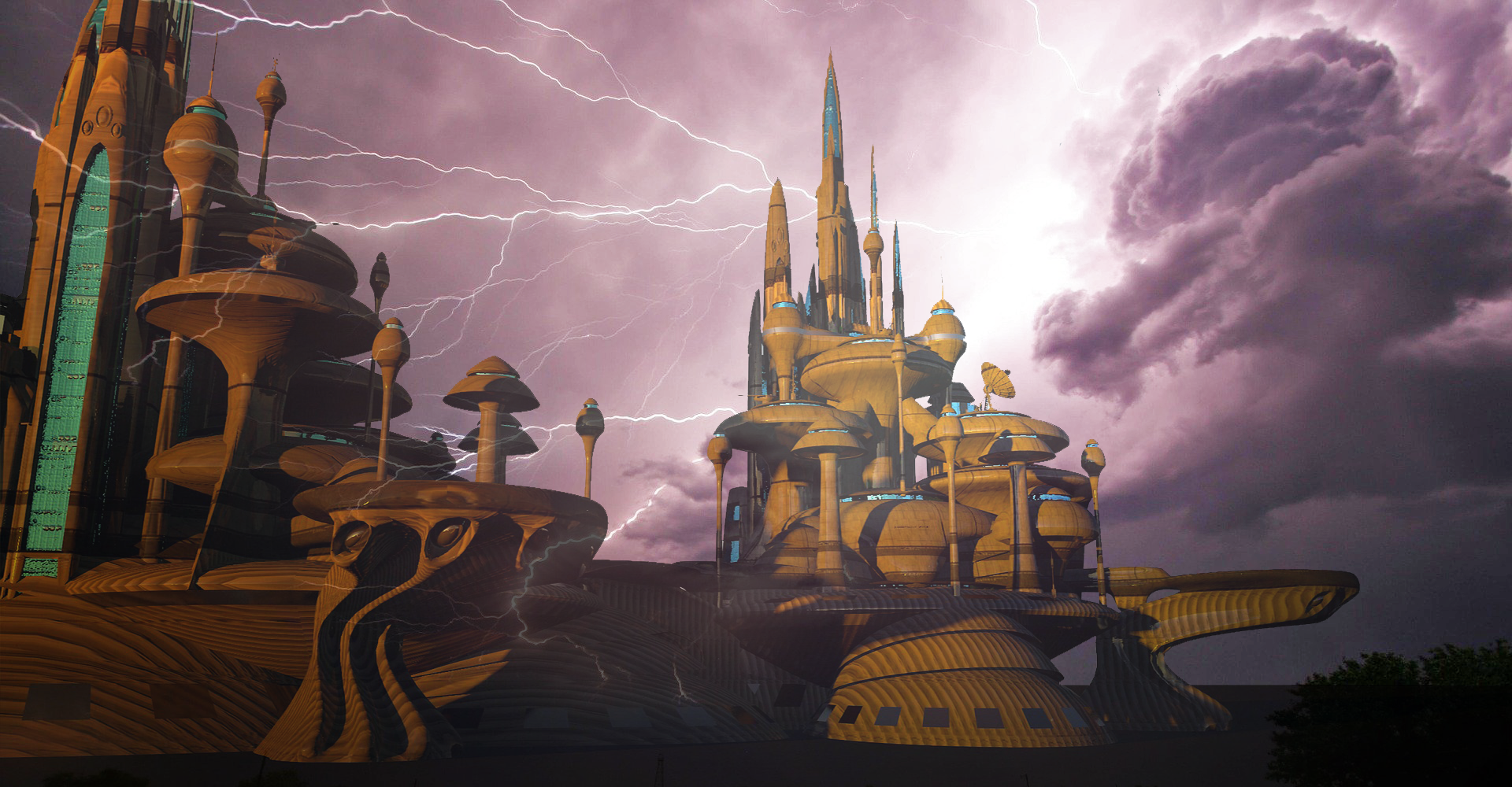 Castle in front of a thunderstorm. Utopian energetic setting